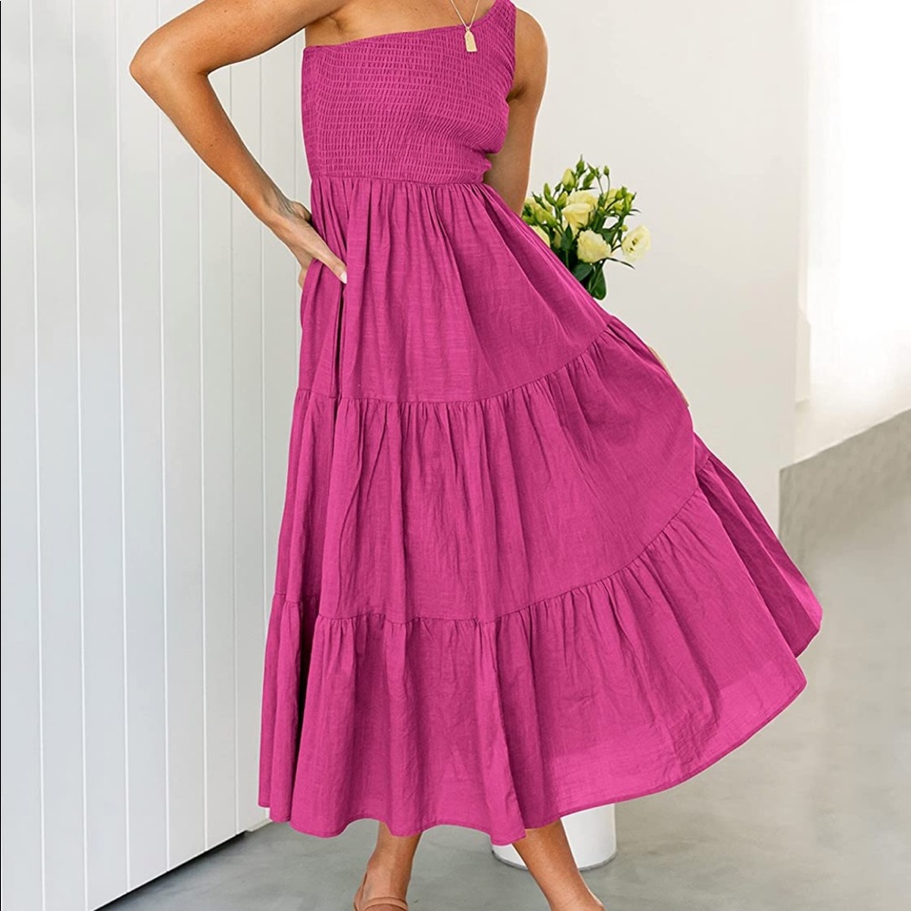 Amazon Blogger Fav - Boho One Shoulder Sleeveless Smocked Flowy Tiered Dress